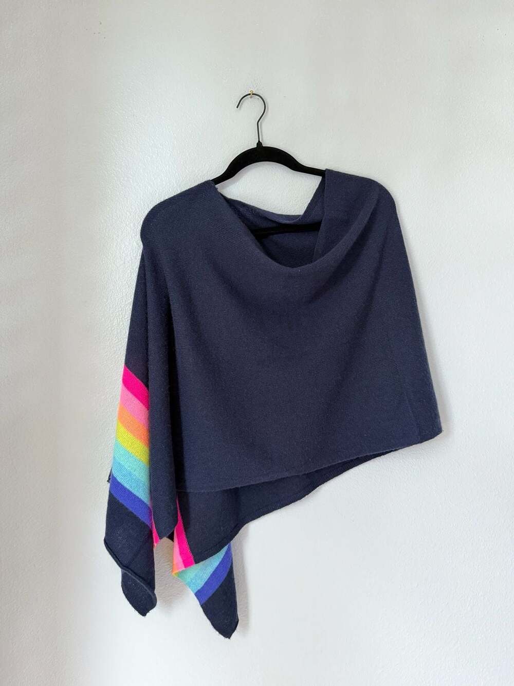 Claudia Nichole Cashmere Poncho Navy Blue Rainbow Stripe Ruana